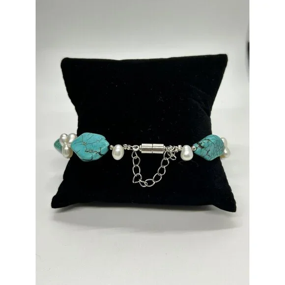 Fresh Water Pearl & Turquoise Colored Gemstone Necklace Bracelet Earring Set - Picture 4 of 6